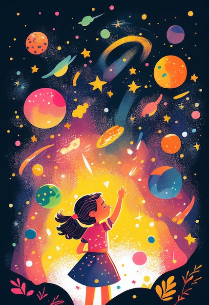 Cover book of kid standing on universe with cute little stars Created with Generative AI technology