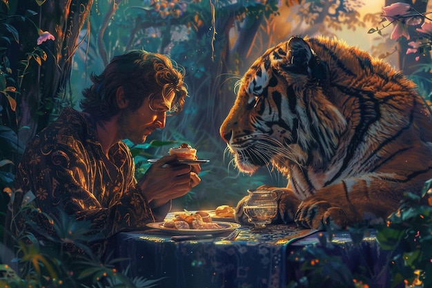 On the cover of a fantasy novel a man and a tiger generative ai