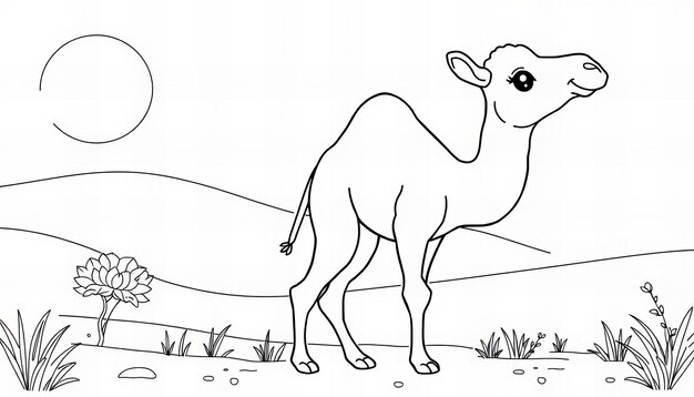 Cover page of a baby camel coloring book in line art style