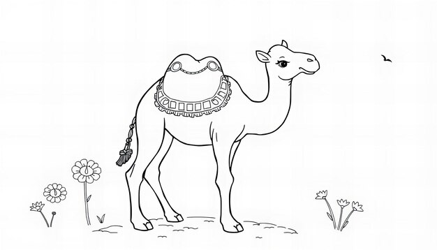 Cover page of a baby camel coloring book in line art style