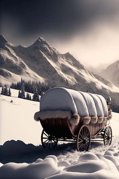 A covered wagon in the snow with the mountains in the background.