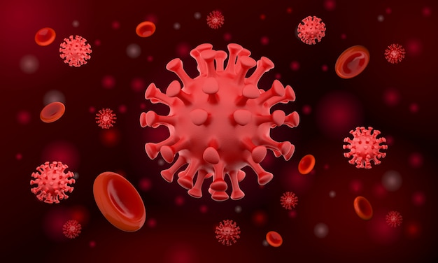 Covid-19 corona virus outbreak under the microscope,  Floating pathogen respiratory influenza covid virus cells,  Lung damage virus,  3D rendering illustration background.