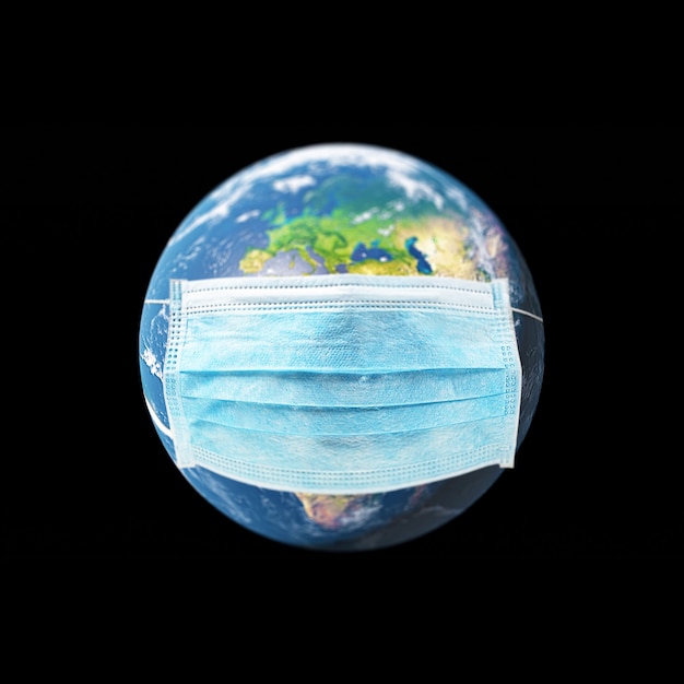 COVID-19, travel and safe world concept, globe in medical mask. Planet Earth with protect. Elements of image furnished by NASA. 3d illustration