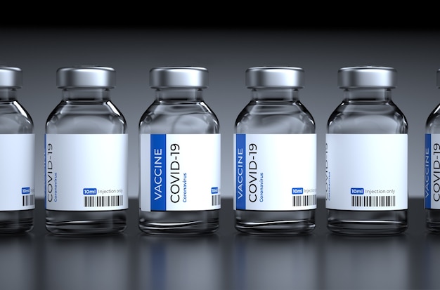 COVID-19 vaccination Concept. Covid-19 Corona Virus 2019-ncov vaccine bottles injection. Vaccination, immunization, treatment to cure Covid 19 Corona Virus infection. 3D Render.