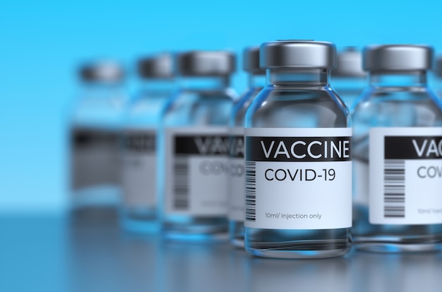 COVID-19 vaccination Concept. Covid-19 Corona Virus 2019-ncov vaccine bottles injection. Vaccination, immunization, treatment to cure Covid 19 Corona Virus infection. 3D Render.