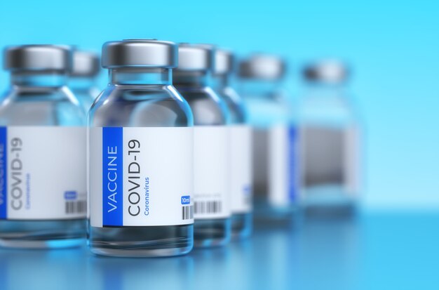 COVID-19 vaccination Concept. Covid-19 Corona Virus 2019-ncov vaccine bottles injection. Vaccination, immunization, treatment to cure Covid 19 Corona Virus infection Concept. 3D Render.