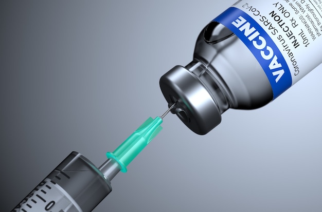 COVID-19 Vaccine Medical Ampoule. The Vaccine from the Coronovirus COVID-19 on a Black Background and a Syringe. 3D Illustration