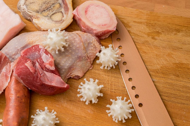 covid19, 3d printed representation of the virus. hygiene and protection measures in the kitchen. wooden table with food and virus