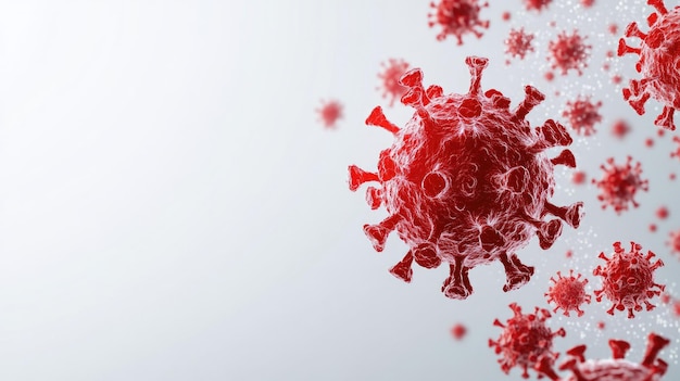 COVID19 virus graphic floating against a plain background with ample space for text on the sides