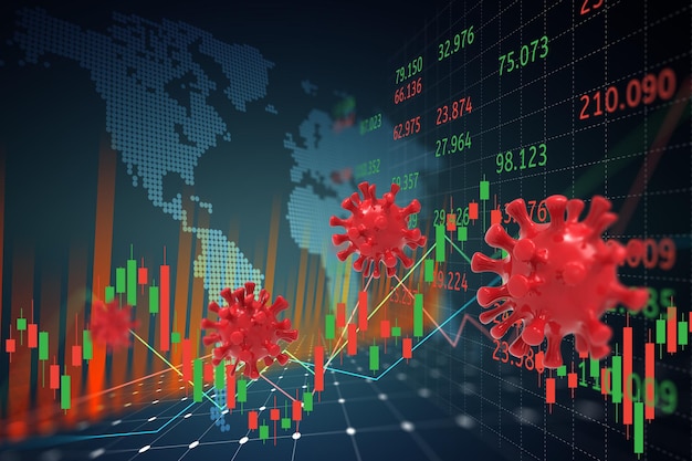 Covid19 with map world representing the global network line wire frame data business and stock market or forex trading graph concept banner with red light on blue background 3d illustration