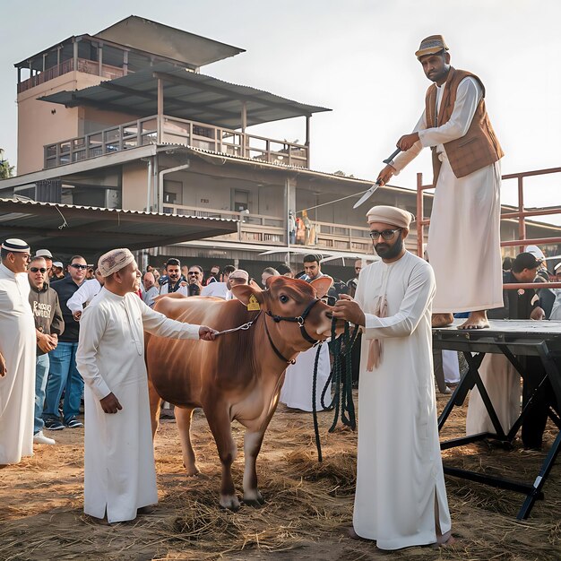 Photo a cow being led by a man in a white shirt