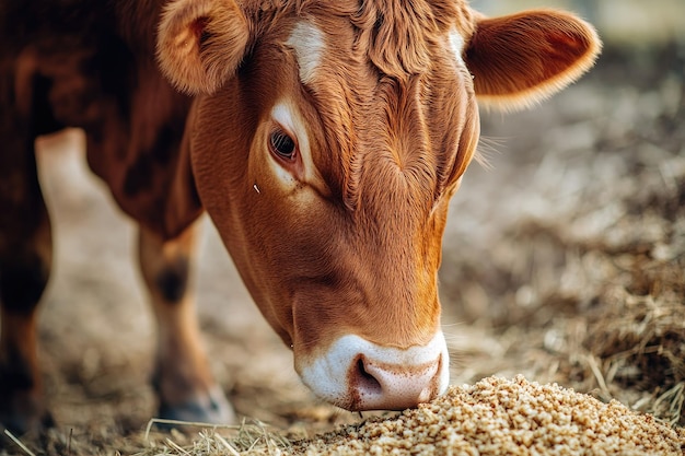 Photo cow brown color in farm with food feeding