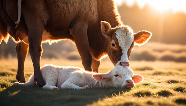 a cow and a calf are laying in the grass together