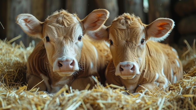 Photo cow and calf resting on straw on a cattle farm