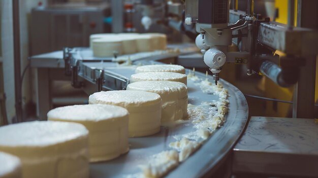 Photo cow cheese making white feta mozzarella cheese production line forming machine at ch generative ai