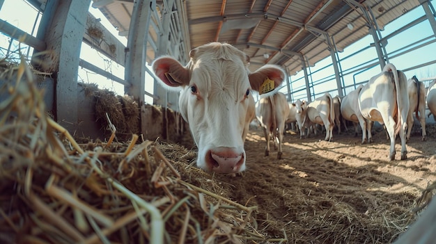 A cow eating hay in a barn