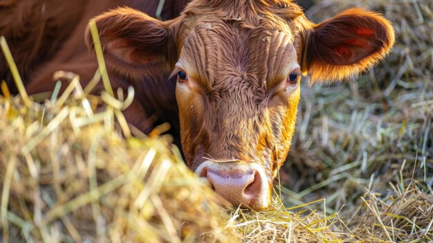 Cow eating hay at cattle farm