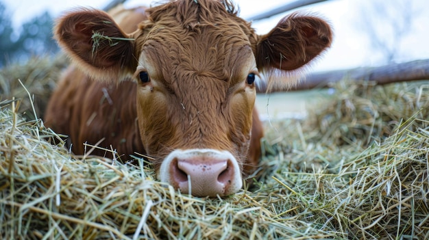 Cow eating hay at cattle farm