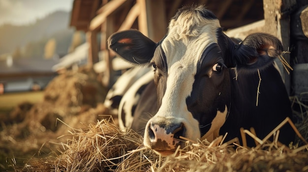 Cow eating hay at cattle farm