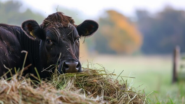 Cow eating hay at cattle farm