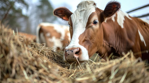 Cow eating hay at cattle farm