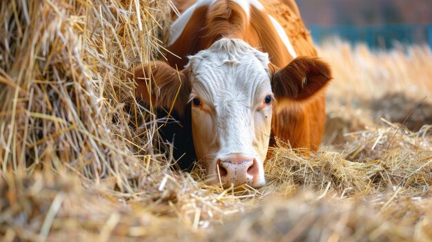 Cow eating hay at cattle farm