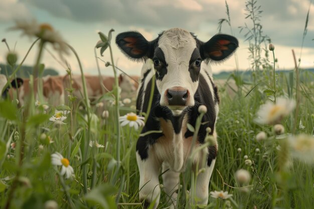 a cow in a field of daisies with a sky background