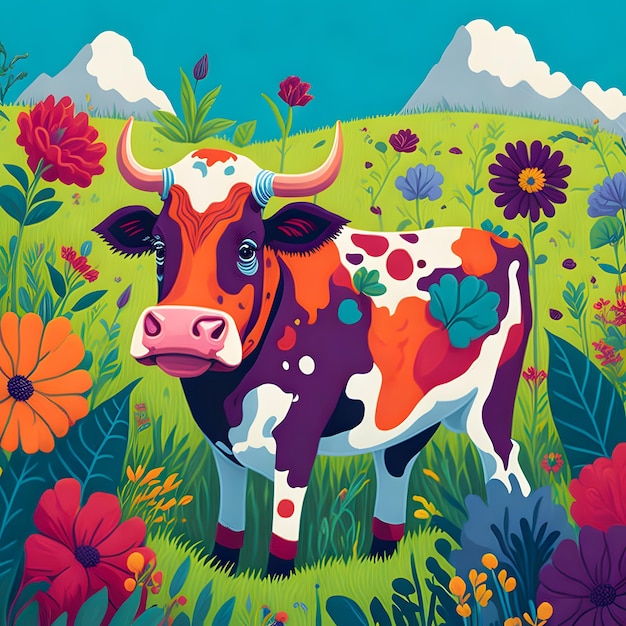 A cow in a field of flowers with mountains in the background.