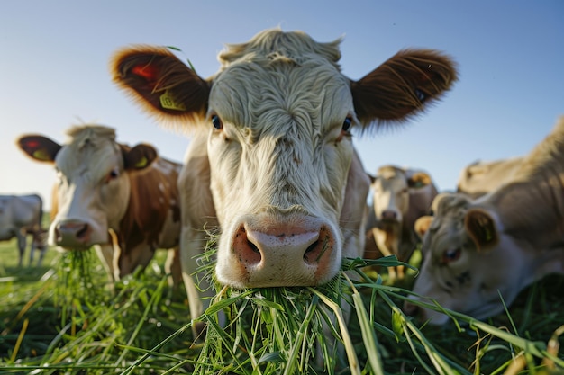 A cow in a field for sustainability sunset and meat production Grass cattle and milk production in a country field for livestock and mockups