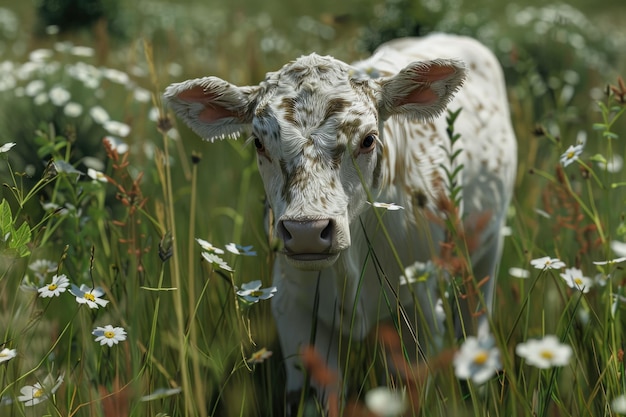 Photo a cow in a field of wildflowers with the name  on it