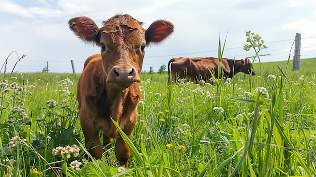 Photo a cow in a field with a cow in the background