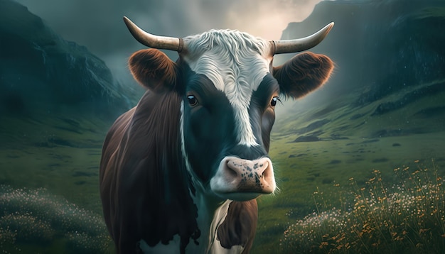 A cow in a field with mountains in the background