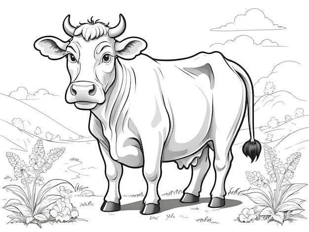 A cow in the filed coloring page illustration