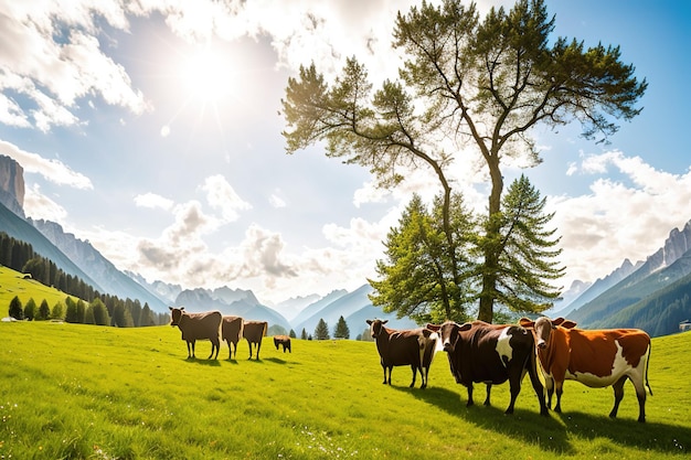 Cow grazing in an alpine meadow Generative AI