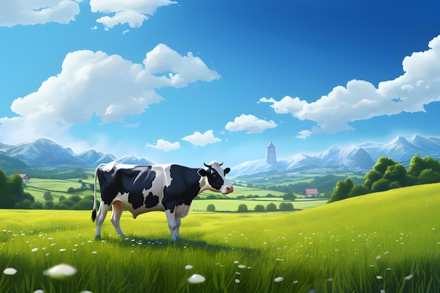 cow on green grassland with blue sky