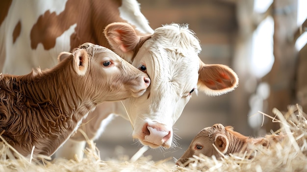 A cow and her calf in a cozy barn illustrating the nurturing bond between mother and offspring