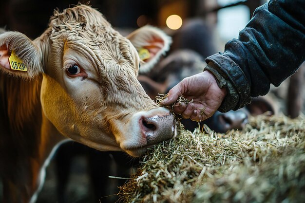 Photo a cow is being fed by a man in a black jacket