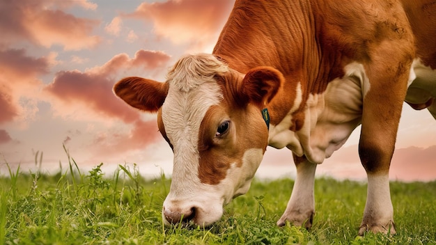 a cow is eating grass in a field with a sunset in the background