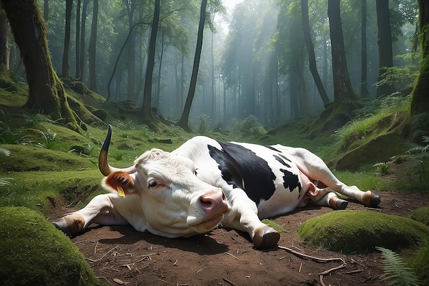 Photo a cow is laying on the ground in the middle of a forest