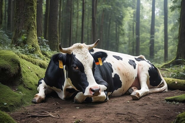 A cow is laying on the ground in the middle of a forest