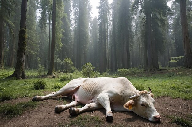 Photo a cow is laying on the ground in the middle of a forest