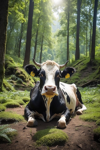 A cow is laying on the ground in the middle of a forest