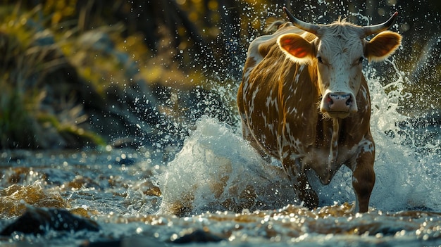 Photo a cow is running through a river with water splashing around it