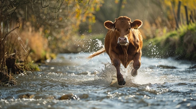 Photo a cow is running through a stream with water splashing around it