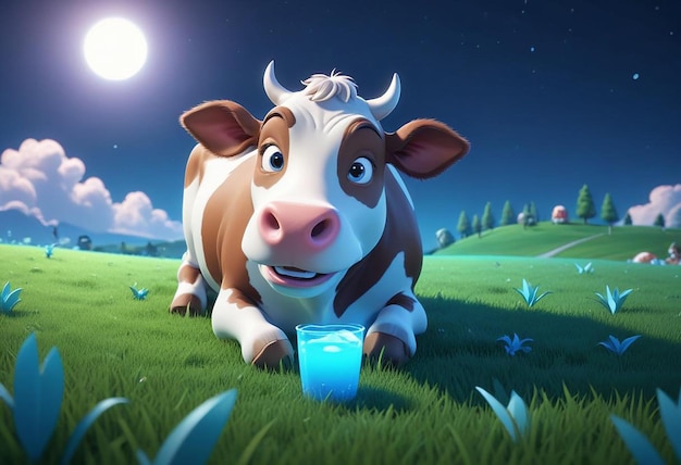 Photo a cow is sitting in the grass with a glass of water