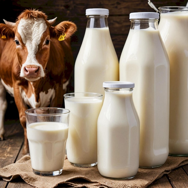 a cow is standing next to a bottle of milk