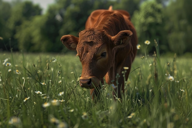 Photo a cow is standing in a field of grass with flowers in the background