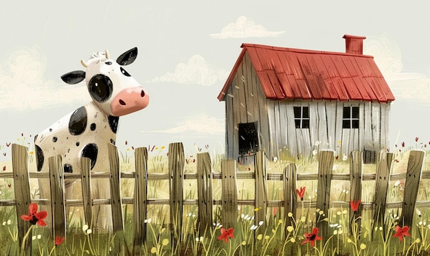 a cow is standing in a field with a barn in the background