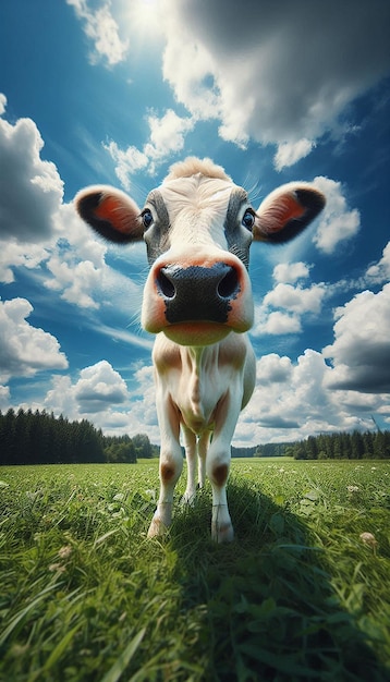 a cow is standing in a field with clouds in the background