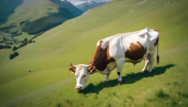 a cow is standing in a field with a cow in the background